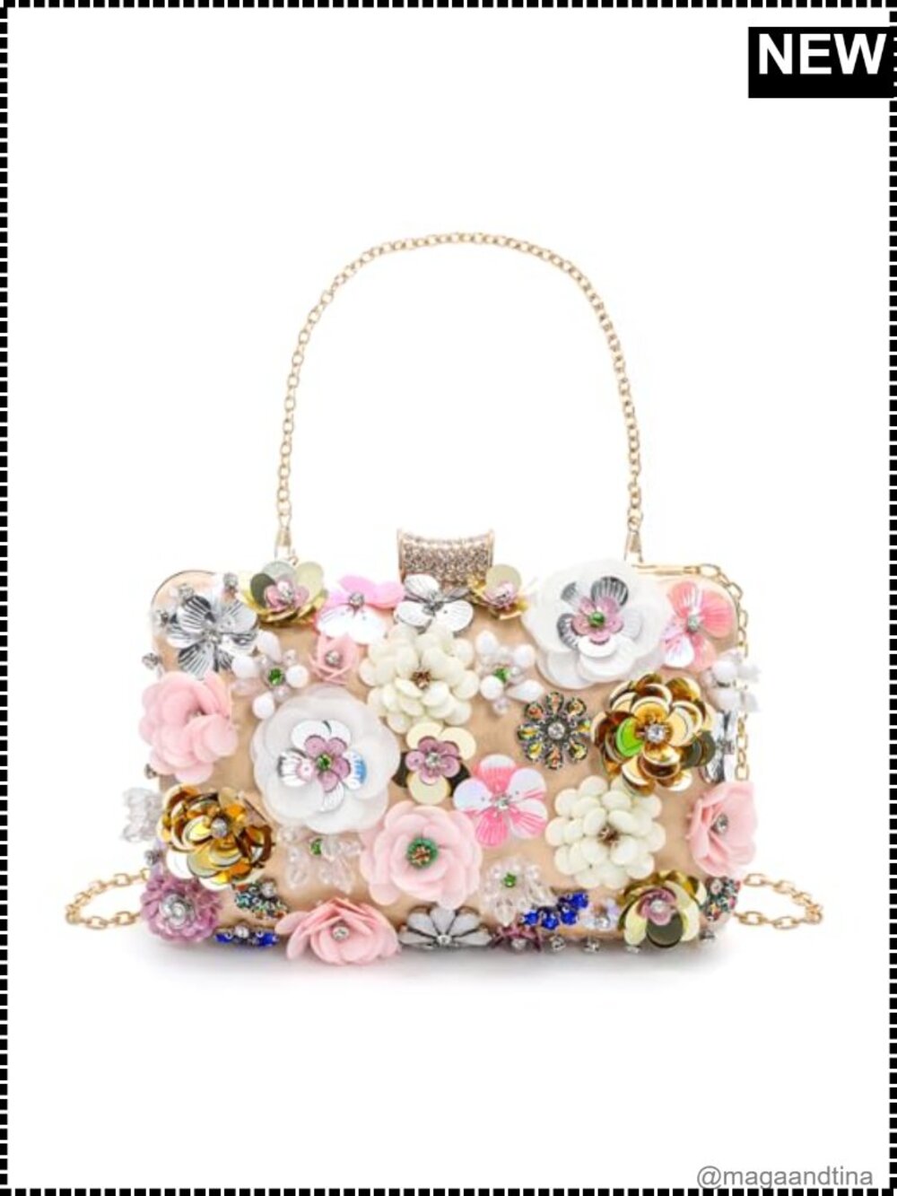 WRINGKIT Floral Evening Clutch, 3D Flower Beaded Sequin Crossbody Bag, Satin